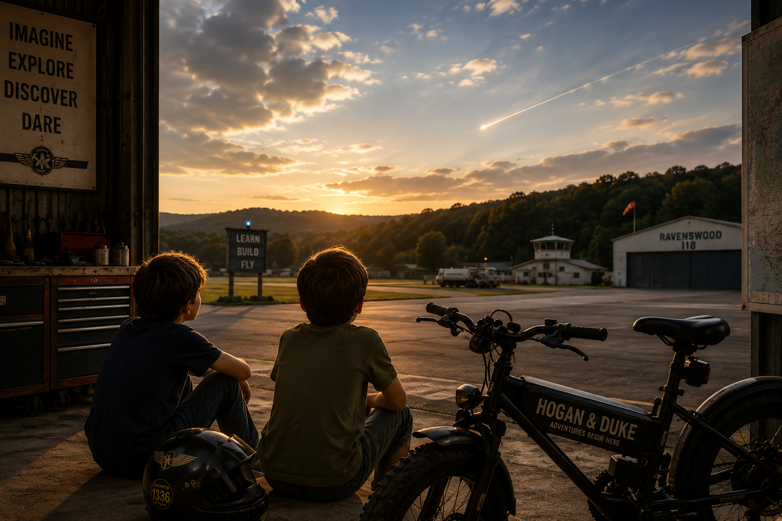 Hogan and Duke with an e-bike at the airport in a visual-development reference