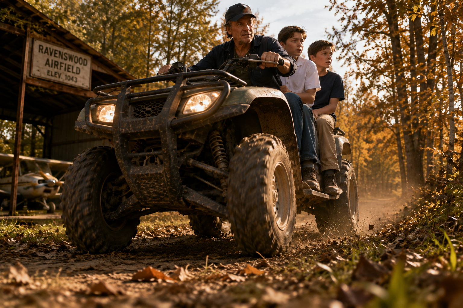 Grandpa and the boys traveling by four-wheeler near the airport in a visual-development reference