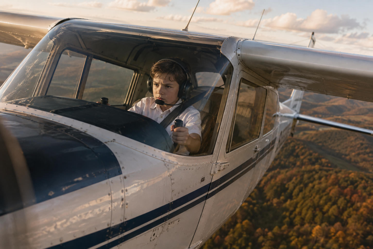 Hogan flight visual-development reference inside a general-aviation aircraft